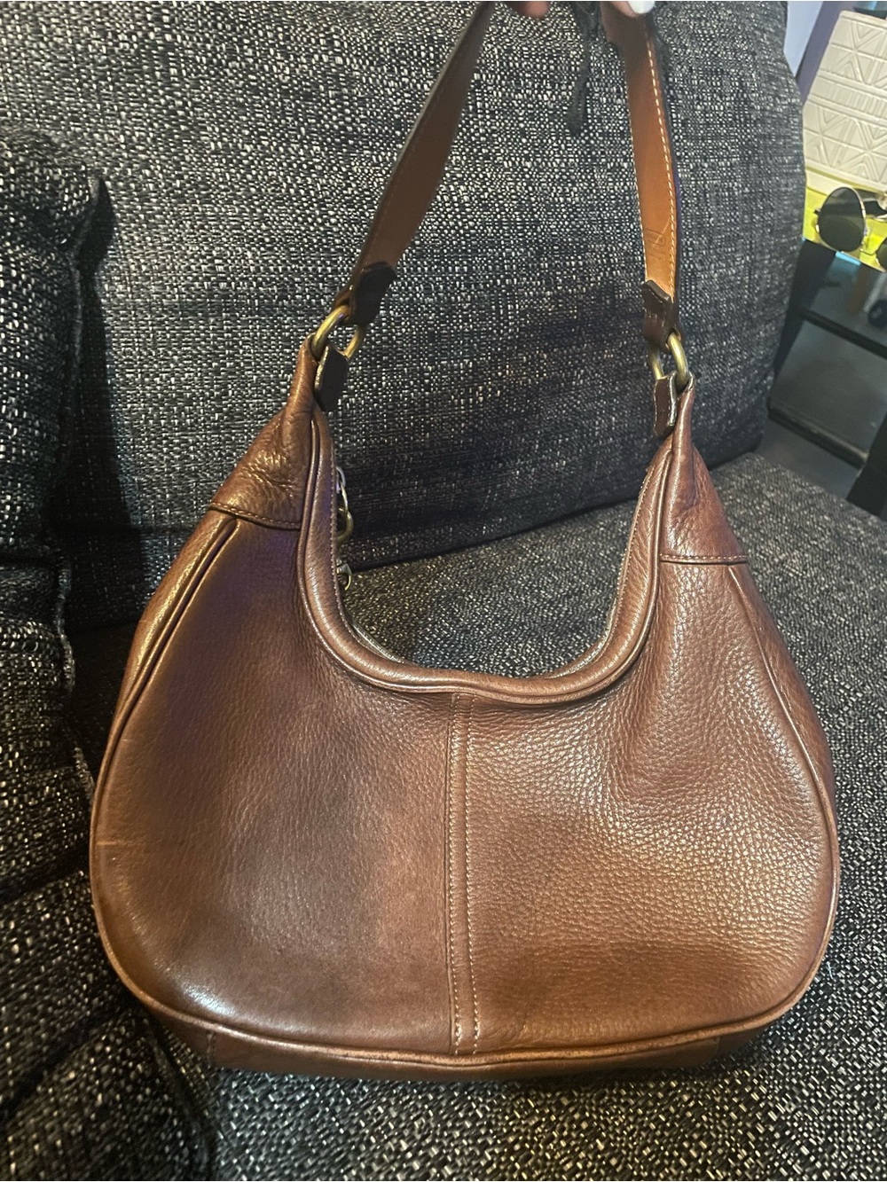 Coach Brown Pebbled Leather Hobo Shoulder Bag with Brass Hardware.